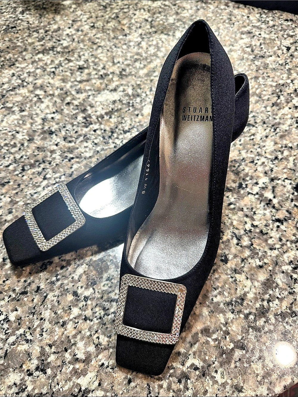 Stuart Weitzman Black Satin Rhinestone Buckle Kitten Heel Pumps Heels US 8.5